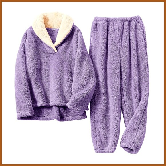 Women's Fleece Pajama Set Soft Comfy Pullover Pants Loose Plush Sleepwear